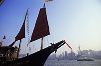 China,Hong Kong,Victoria Harbour,Junk and City Skyline - Travelasia