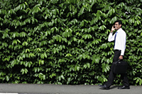 Indian man walking in front of green leafy hedge - Alex Mares-Manton