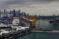 Ariel view of Harbour city and ship yard with Singapore skyline in background - Yukmin