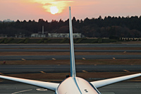 Close up of tail of airplane with the sun behind, Narita Airport, Japan - Travelasia