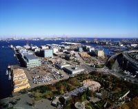 Japan, Yokohama, Ariel view of port area, Yamashita Koen Park in foreground, - Rex Butcher