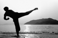Man kicking in Kung Fu (Wu Shu) pose on beach, silhouette - Jade Lee