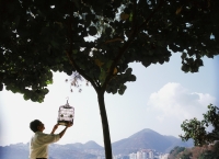 Man hanging birdcage on tree - Jade Lee