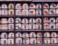 Japan, Casks of sake at temples, donated by companies - Rex Butcher