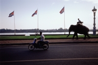 Cambodia, Phnom Penh, A man on a motorcycle and a man on an elephant travelling down a road. - Steve Raymer
