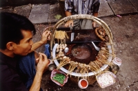 Myanmar (Burma), Yangon (Rangoon), A Burmese man enjoying street food in a market.  Burmese food blends Bamar, Mon, Indian, and Chinese influences. - Steve Raymer