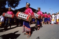 Indonesia, Bali, Tanjung Benoa, Drum players at Melasti ceremony. (grainy) - Martin Westlake