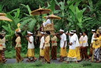 Indonesia, Bali, Gianyar, Pengastian ceremony, worshippers carry priestess to collect holy water. (grainy) - Martin Westlake