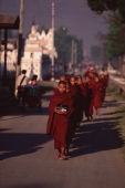 Myanmar (Burma), Nyaungshwe, Inle lake, Buddhist monks returning to monastery after collecting alms. - Martin Westlake