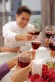 Friends toasting with wine glasses across dinner table - Alex Microstock02