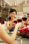 Friends toasting wine glasses across dinner table - Alex Microstock02