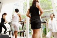 Couples in gym, walking on treadmill, rear view - Alex Microstock02