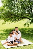 Family with two children, sitting on picnic mat, looking at camera - Alex Microstock02