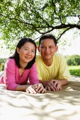 Couple lying on picnic mat, looking at camera - Alex Microstock02