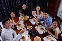 Adults at a dinner party, holding wine glasses, looking up at camera - Alex Microstock02