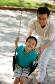 Father and son in playground, father pushing son on swing - Alex Microstock02