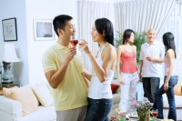Couple in living room, toasting with wine glasses, people in the background - Alex Microstock02