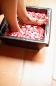 Woman soaking feet in bowl of water filled with flower petals - Alex Mares-Manton