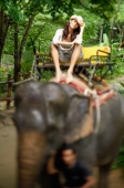 Young woman sitting on elephant, looking at camera, Phuket, Thailand - Alex Mares-Manton