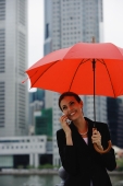 Businesswoman under red umbrella, using mobile phone - Alex Microstock02
