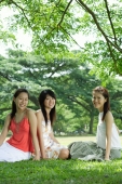 Young women sitting on grass, smiling at camera - Alex Microstock02