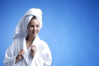 Young woman wearing white bathrobe and towel turban - Alex Microstock02