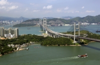 Aerial view overlooking Tsing Ma Bridge and Park Island, Hong Kong - OTHK