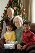 Grandparents with grandchildren at Christmas time smiling at camera - Alex Mares-Manton