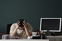 man sitting at desk in front of chalk board, stressed - Asia Images Group