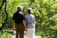 Mature couple walking through park, holding hands, rear view - Asia Images Group