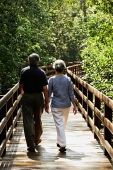 Mature couple walking  on wooden bridge, rear view - Asia Images Group