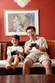 Father and son in living room, playing video game - Asia Images Group