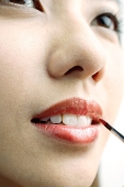 Woman putting on lipstick with lip brush, close up - Asia Images Group