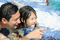 Father and daughter in swimming pool, father pointing with finger - Asia Images Group