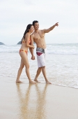 Couple walking on beach, holding hands, man pointing to the distance - Asia Images Group