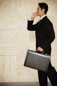 Businessman carrying briefcase, using mobile phone - Asia Images Group