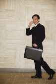 Businessman with briefcase, using mobile phone, smiling at camera - Asia Images Group