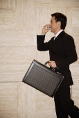 Businessman with briefcase, using mobile phone, smiling - Asia Images Group