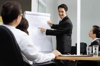 Group having a business meeting, man pointing at flipchart - Asia Images Group
