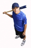 Young man holding baseball bat, smiling up at camera - Asia Images Group