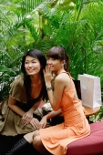 Two young women in outdoor cafe, whispering, looking away - Asia Images Group