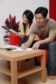 Couple at home in living room, doing finances - Asia Images Group