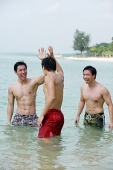 Three men standing waist deep in sea - Asia Images Group
