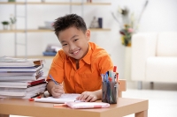 Boy sitting at desk doing homework, smiling at camera, portrait - Asia Images Group