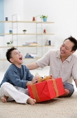 Father and son at home, boy opening gift, looking up - Asia Images Group