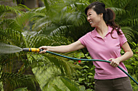 Woman holding garden hose, watering plants - Asia Images Group