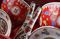 Chinese bowl, saucer and spoon set with the text -Double Happiness - Asia Images Group