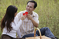 Man and woman outdoors having picnic, toasting glasses and looking at each other - Asia Images Group