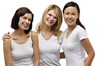 Three young woman wearing white shirts and smiling at camera - Asia Images Group