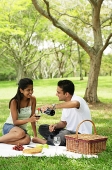 Couple in park, having a picnic, man pouring wine for woman - Asia Images Group